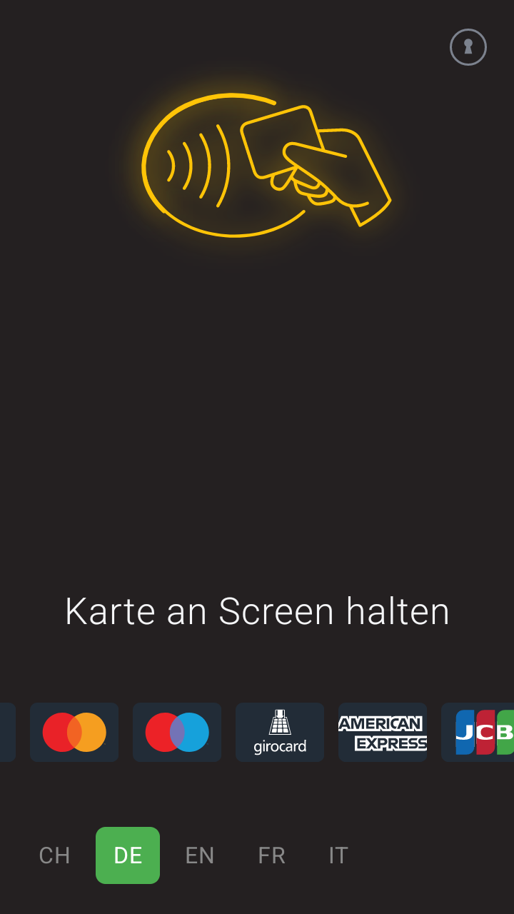 GateX Display-Ansicht: 'Karte an Screen halten' mit Kontaktlos-Symbol, Zahlungsmarken-Logos und Sprachwahl CH/DE/EN/FR/IT