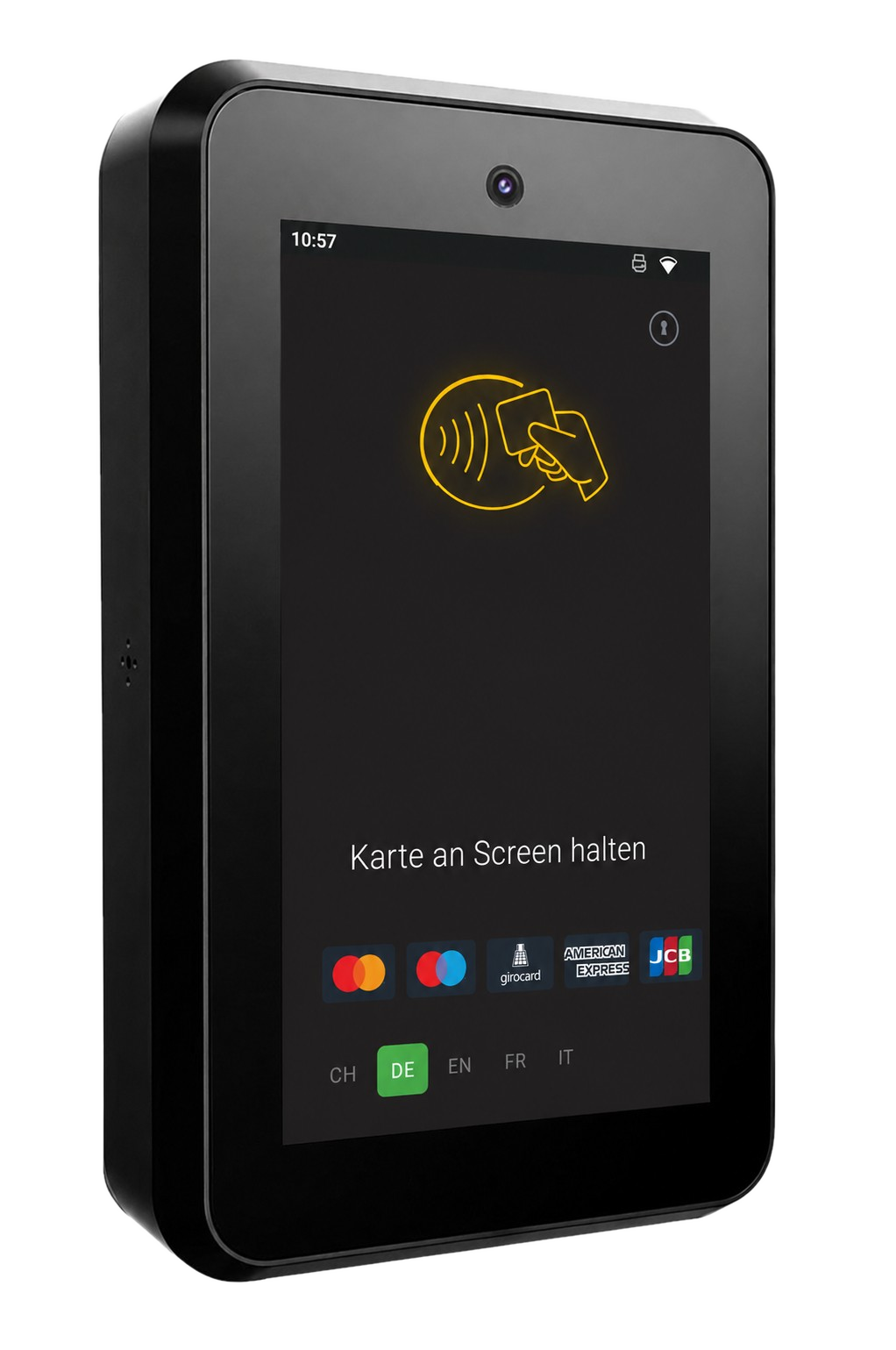 GateX Zutrittsterminal mit Touchdisplay: gelbes Kontaktlos-Symbol und Hinweis 'Karte an Screen halten'